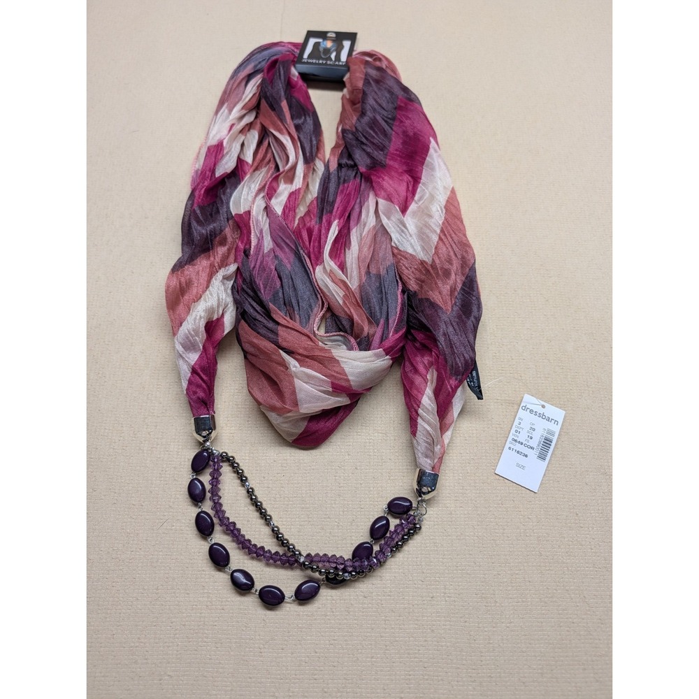 Dressbarn Women's Jewelry Scarf NWT Purple Magenta Pink White Colors With Beads